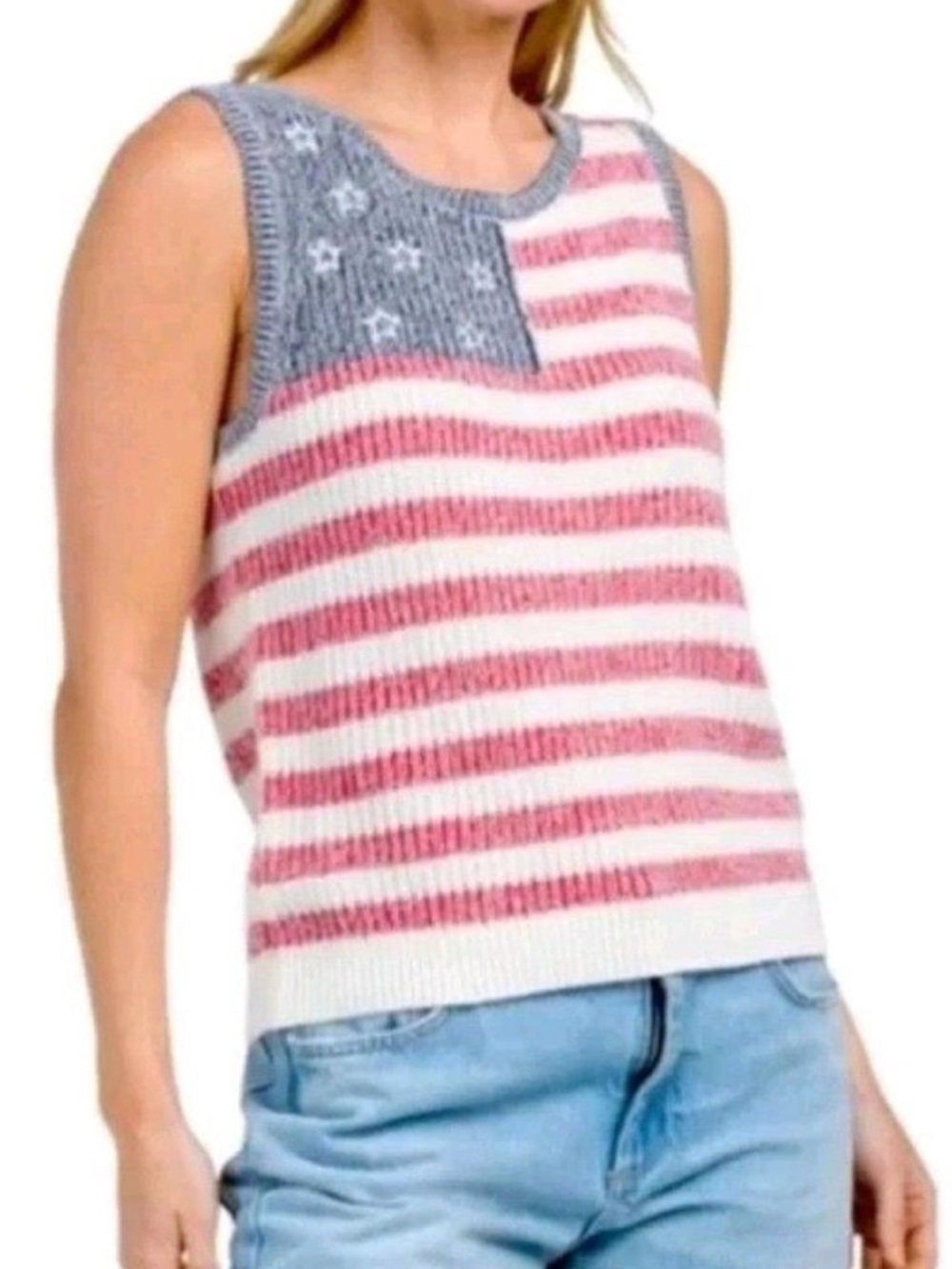 Lucky Brand American Flag Sleeveless Sweater Tank Red White Blue